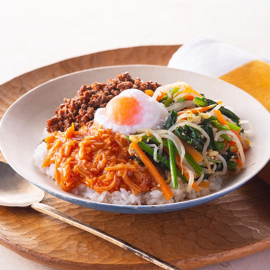 「めんたいなめ茸 」とひき肉の簡単ビビンバ丼
